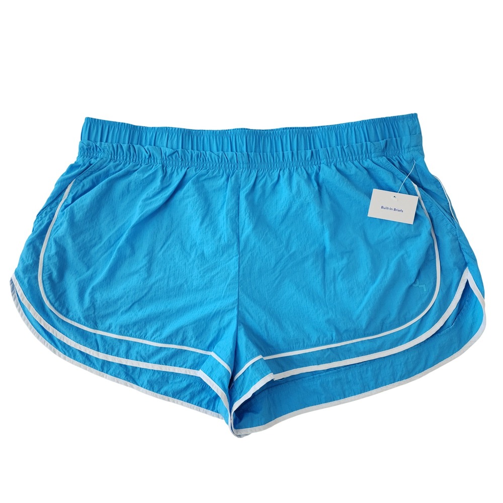 JoyLab Women Blue Athletic Dolphin Shorts White Trim Built-In Brief XL New